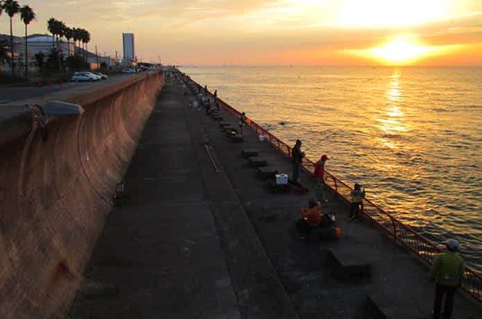 平磯海釣り公園の夕暮れに釣りをしている画像